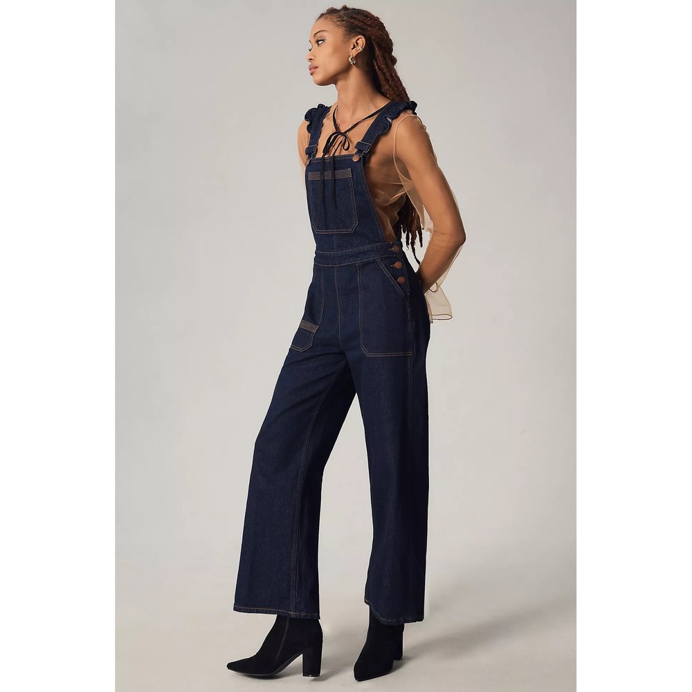 Anthropologie Seventy + Mochi Ruffle Denim Overalls Wide Leg Sz 8